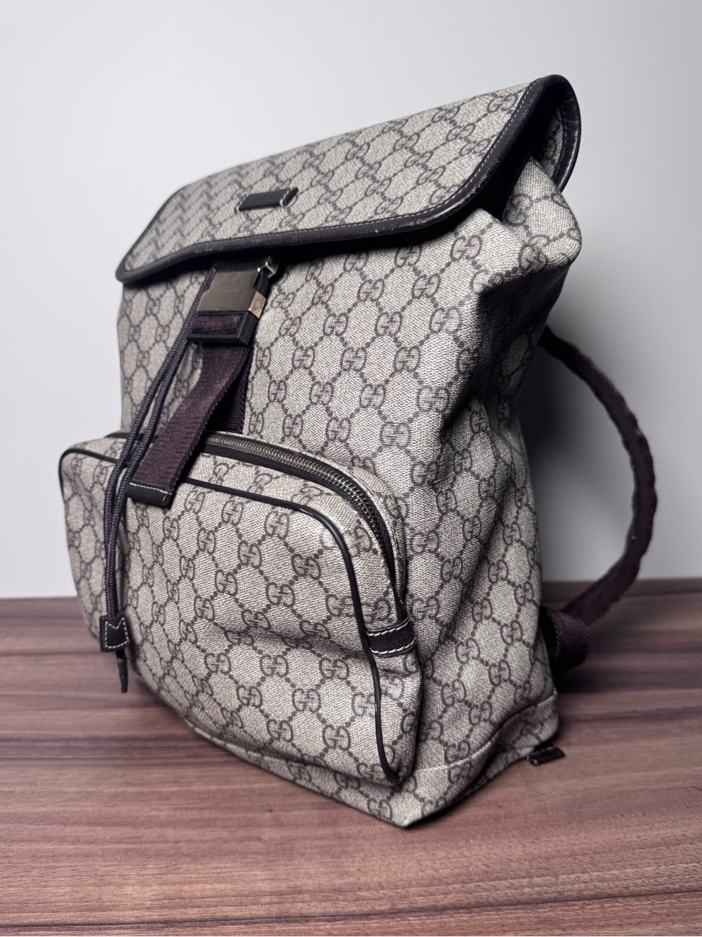 Gucci Beige GG Supreme Canvas Backpack with Dark Brown Trim